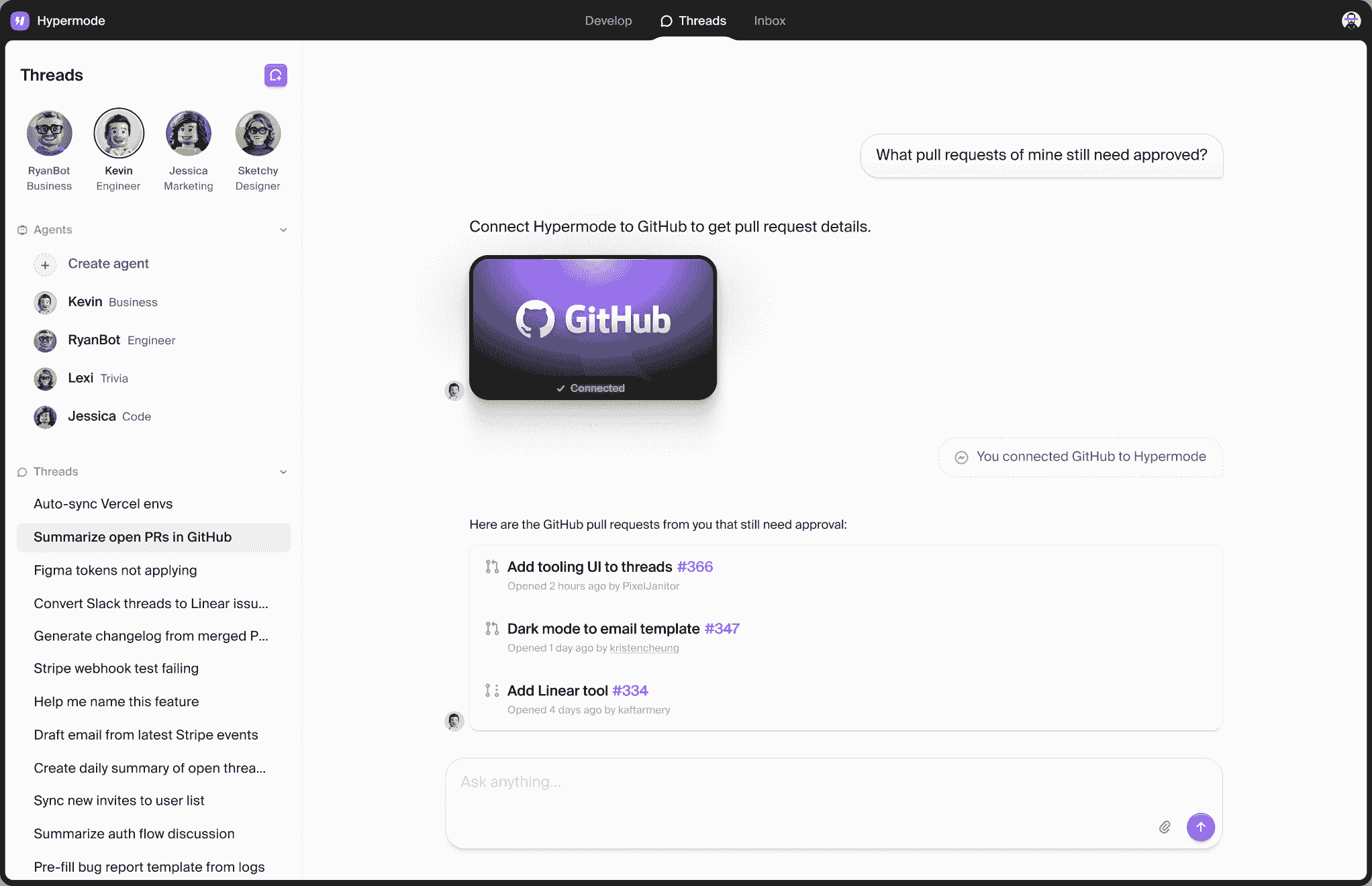Screenshot of the hypermode threads application interface