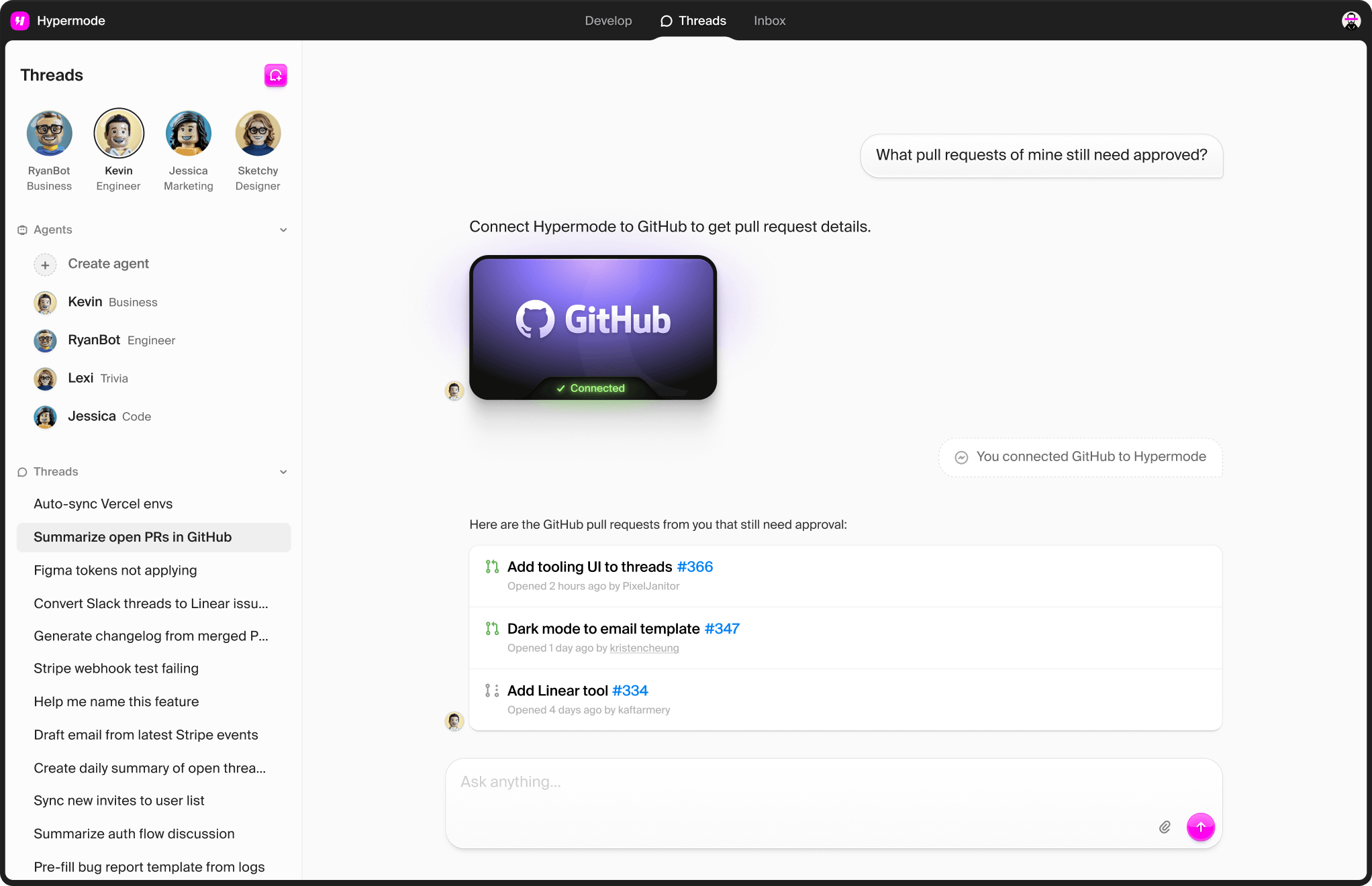 Screenshot of the hypermode threads application interface