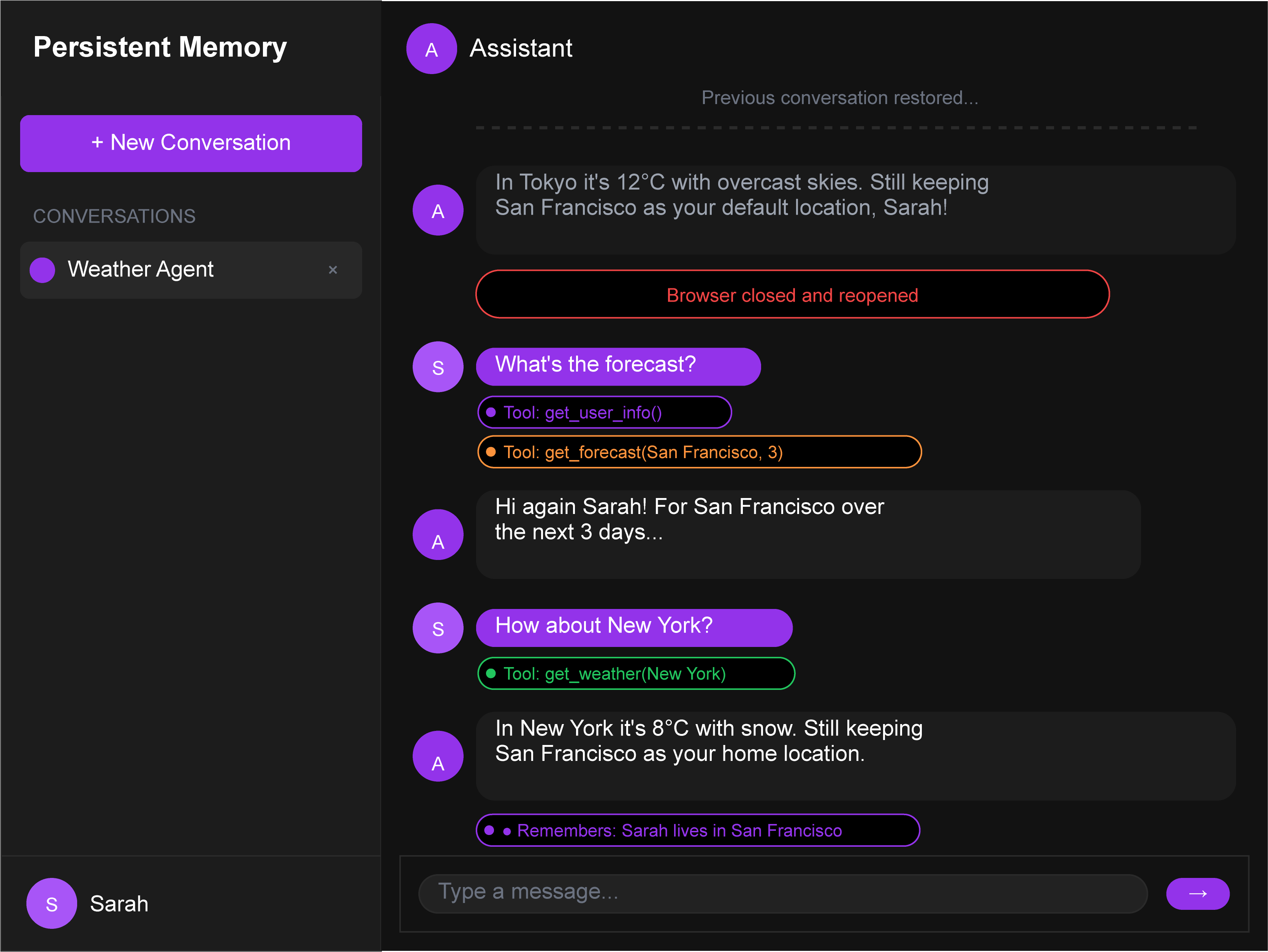 Persistent Memory showing continued conversation