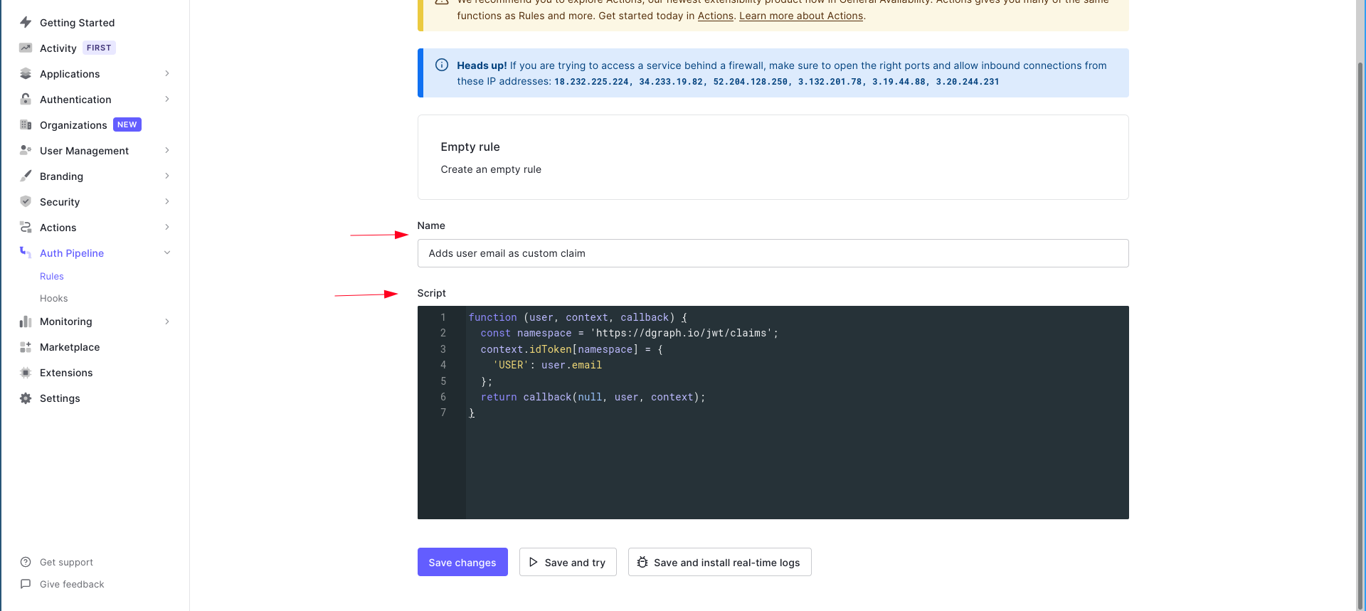 Adding a rule in the Rules page