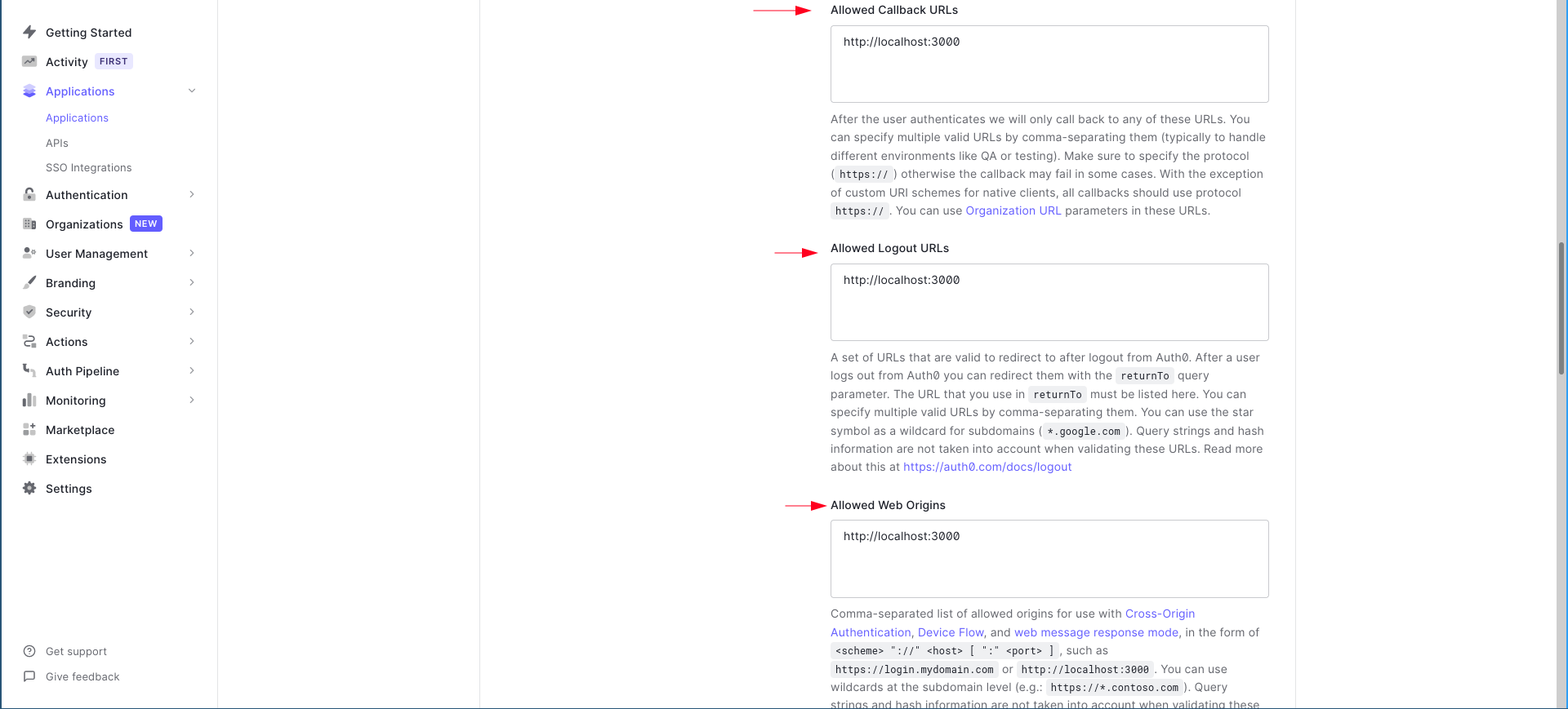 Putting in localhost:3000 as allowed callback and logout URLs and web origins from the applications page in the Auth0 dashboard