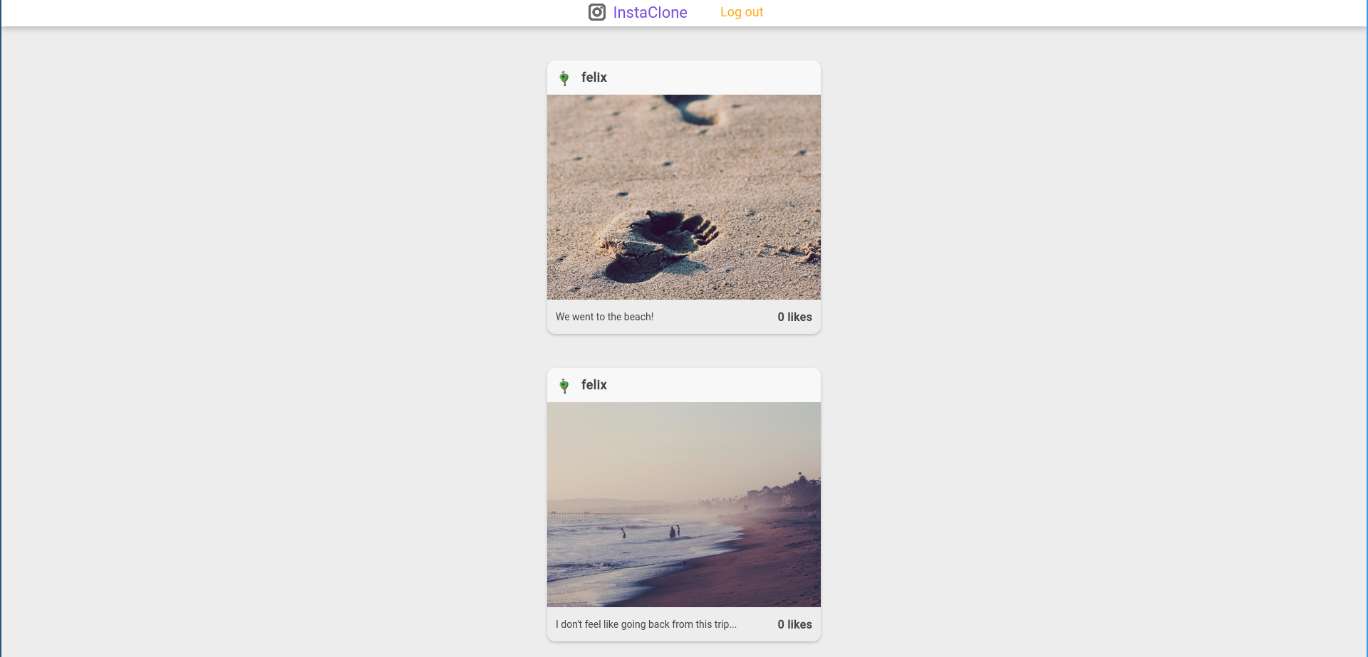 InstaClone app UI showing a news feed containing posts from users being followed