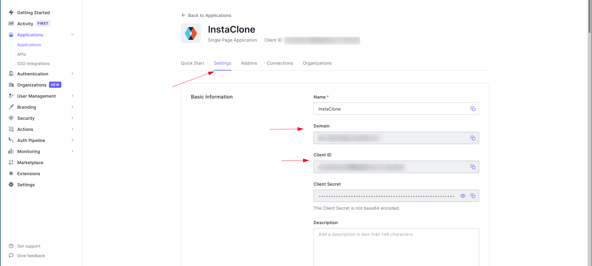 Auth0 application page with various details like client ID