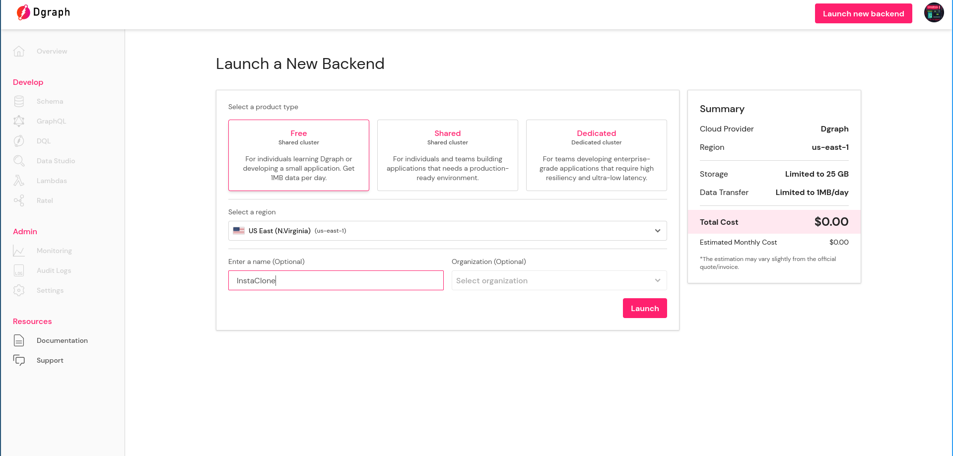 Fill in backend details and click "Launch"