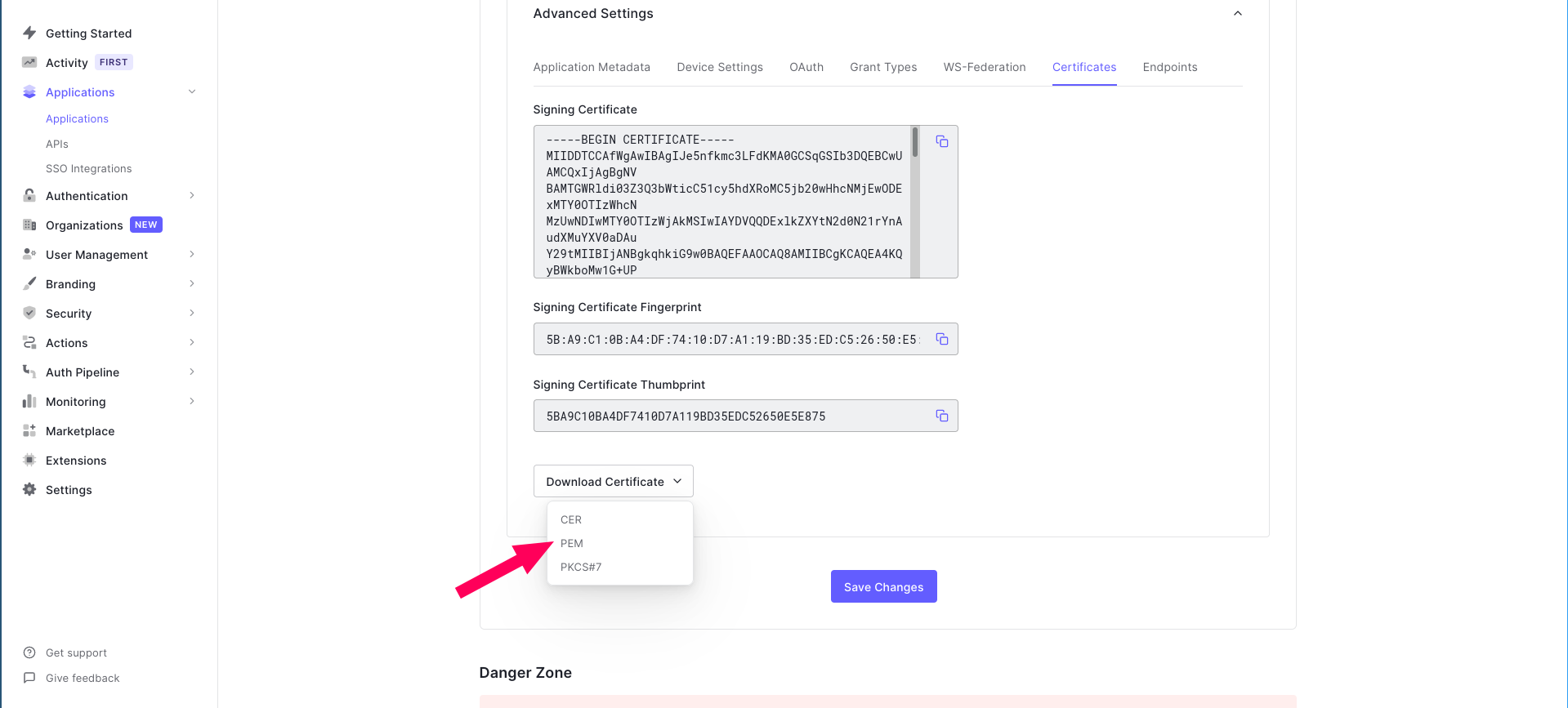 Downloading PEM certificate from Auth0