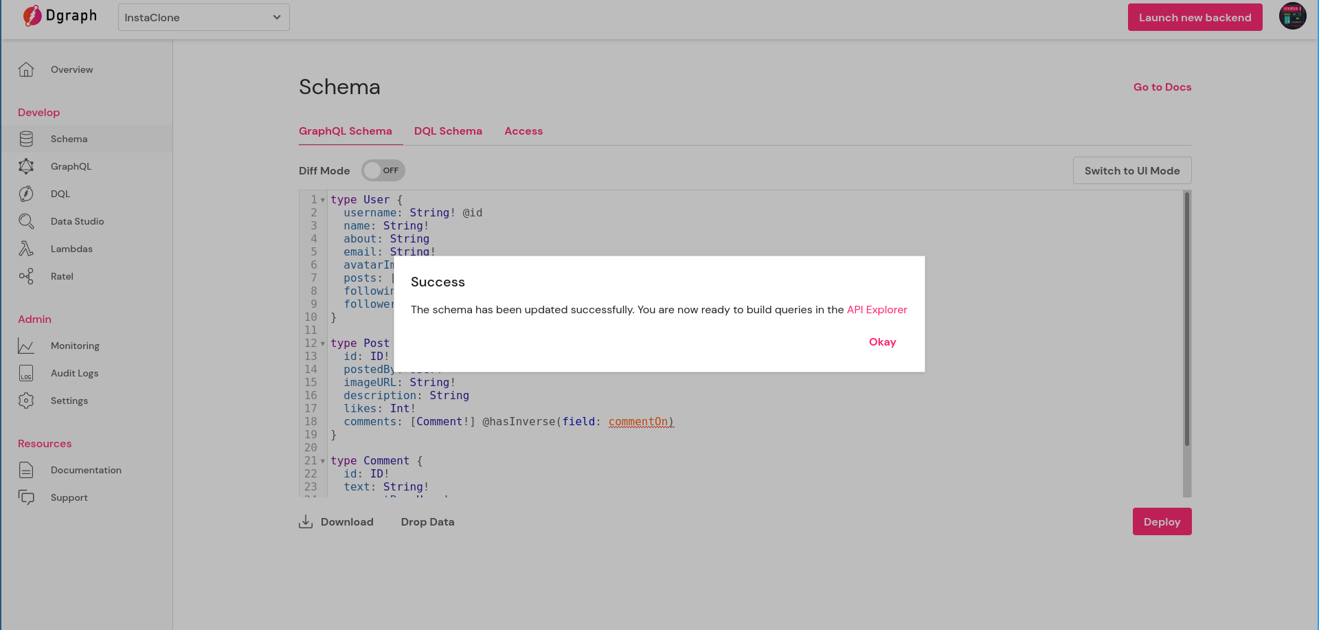 Confirmation message on a successful schema deployment